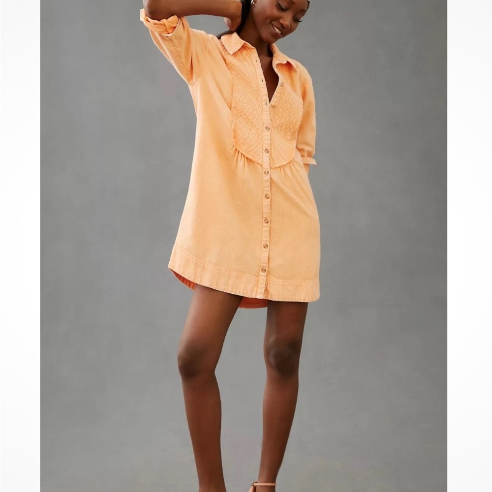 NWT ANTHROPOLOGIE PILCRO BUTTON-DOWN TIE BACK MINI SHIRT DRESS PEACH
